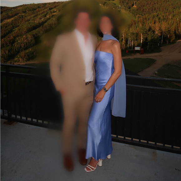 Blue satin strapless dress with shawl - Picture 1 of 5